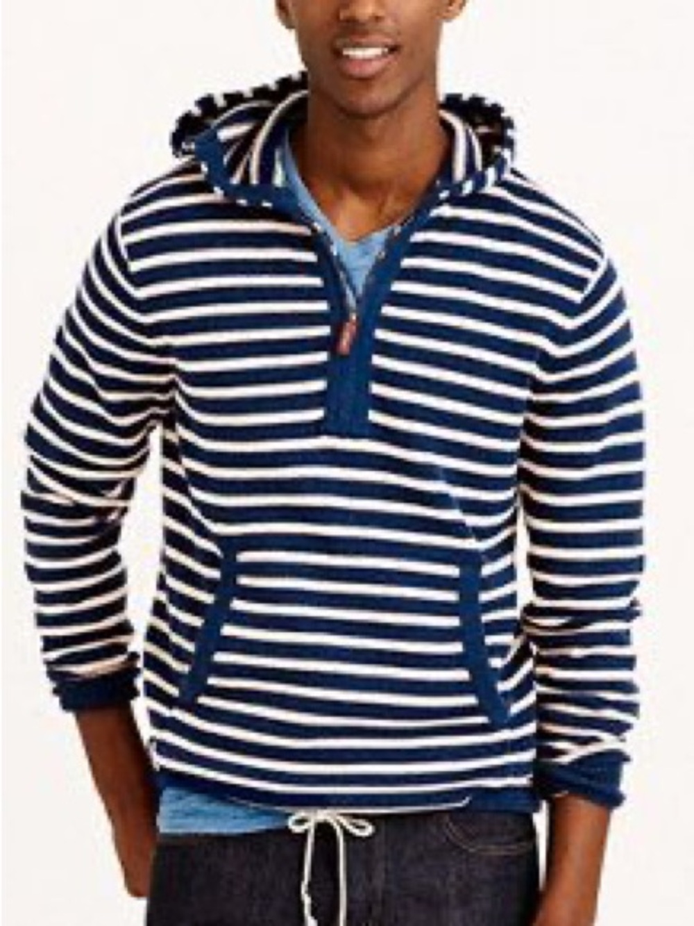 J. CREW Men's Navy and White Stripe Hooded Pullover Shirt